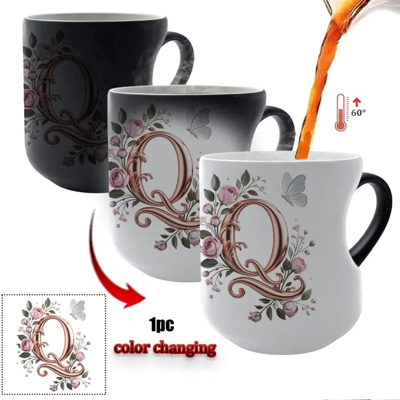 TYII™ Personalized Initial Color-Changing Mug – Heat-Reactive Floral Coffee Cup with Heart Handle, A–Z