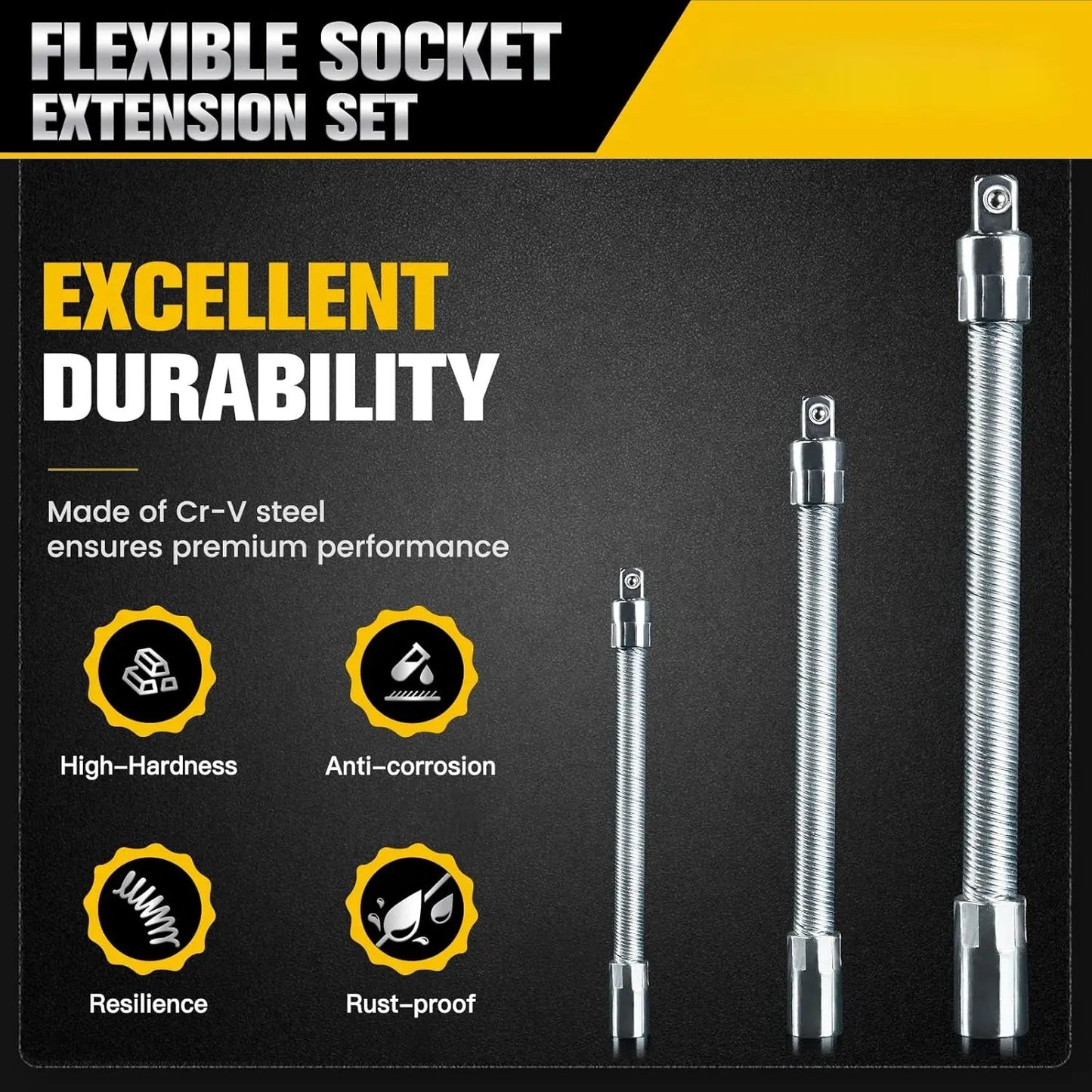 TYIIPRO™ Flexible Socket Extension Bar Set – Bendable Ratchet Wrench Extensions for Tight Spaces, CR-V Steel Automotive Repair Tool Kit