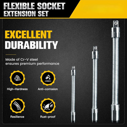 TYIIPRO™ Flexible Socket Extension Bar Set – Bendable Ratchet Wrench Extensions for Tight Spaces, CR-V Steel Automotive Repair Tool Kit