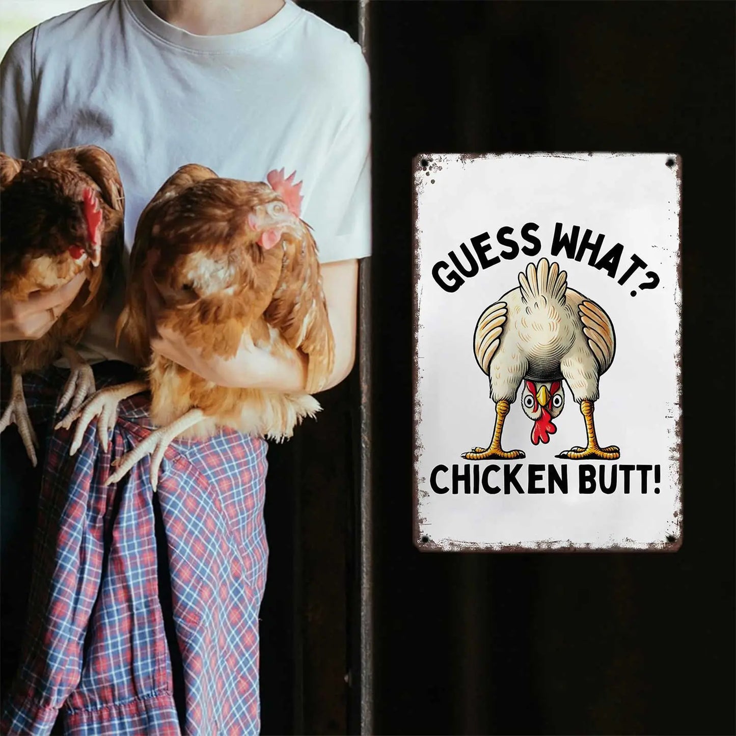 “Guess What? Chicken Butt!” Funny Metal Sign – Vintage Farmhouse Wall Decor for Chicken Lovers
