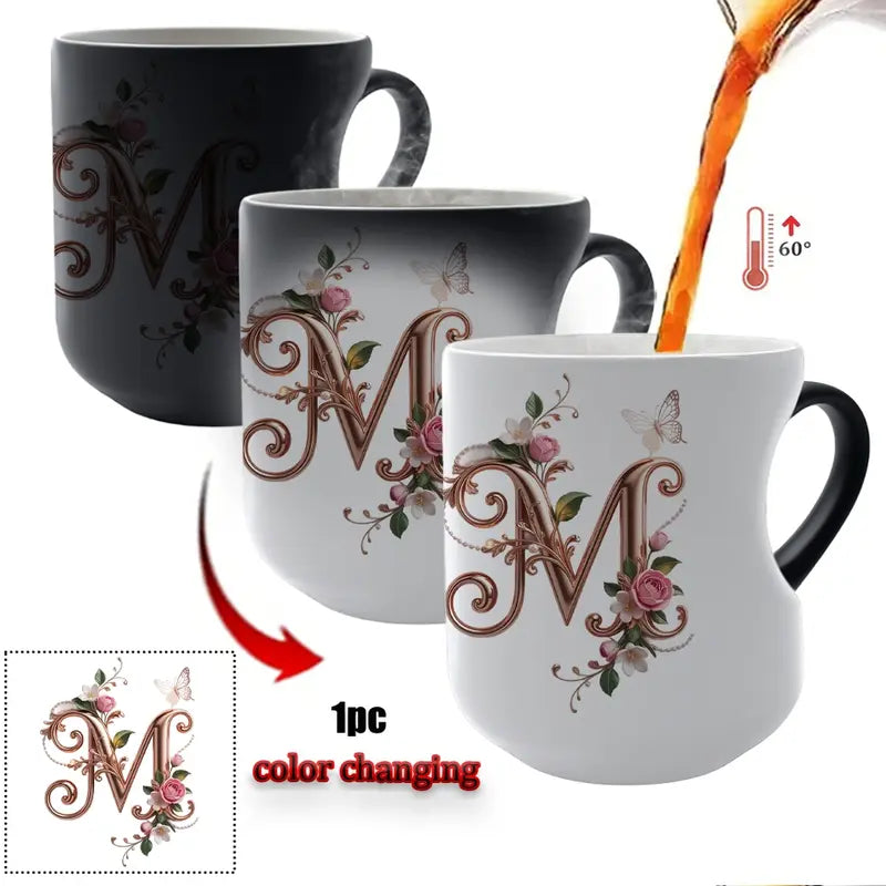 TYII™ Personalized Initial Color-Changing Mug – Heat-Reactive Floral Coffee Cup with Heart Handle, A–Z