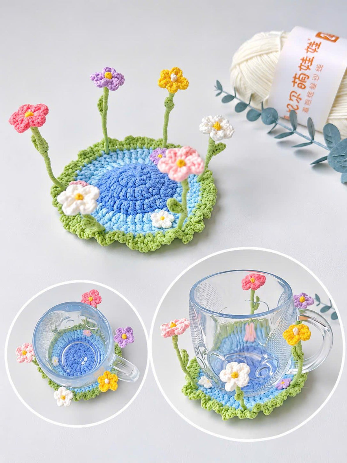 🌸 TYII™ Handmade Pop-Up Flower Coaster – 3D Crochet Cup Mat