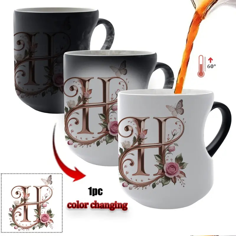 TYII™ Personalized Initial Color-Changing Mug – Heat-Reactive Floral Coffee Cup with Heart Handle, A–Z