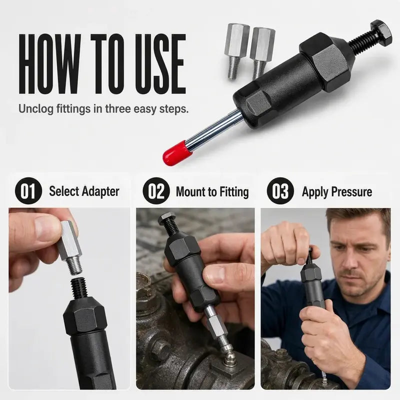 TYIIPRO™ Heavy-Duty Grease Fitting Cleaner – 600 PSI High-Pressure Grease Gun Unclogging Tool with M6/M8/M10 Adapters