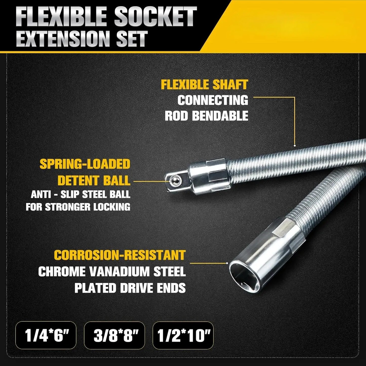 TYIIPRO™ Flexible Socket Extension Bar Set – Bendable Ratchet Wrench Extensions for Tight Spaces, CR-V Steel Automotive Repair Tool Kit