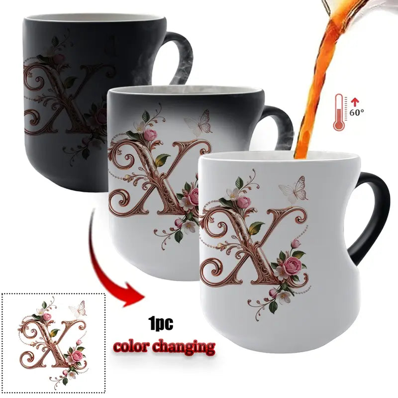TYII™ Personalized Initial Color-Changing Mug – Heat-Reactive Floral Coffee Cup with Heart Handle, A–Z