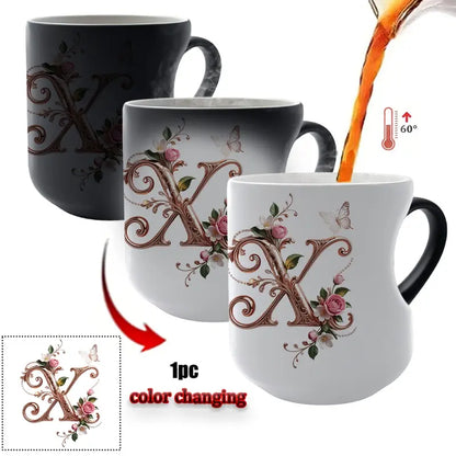 TYII™ Personalized Initial Color-Changing Mug – Heat-Reactive Floral Coffee Cup with Heart Handle, A–Z