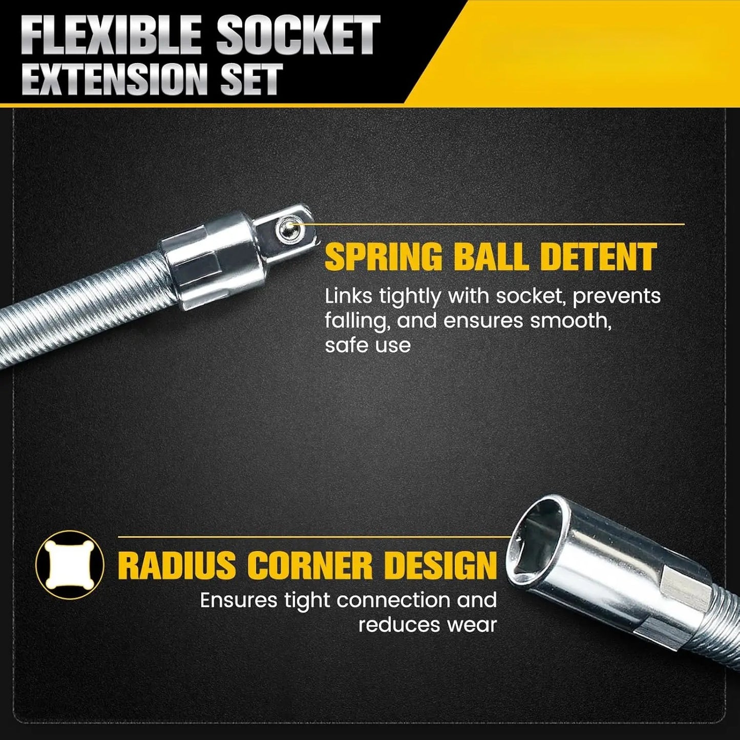 TYIIPRO™ Flexible Socket Extension Bar Set – Bendable Ratchet Wrench Extensions for Tight Spaces, CR-V Steel Automotive Repair Tool Kit