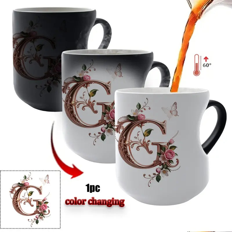 TYII™ Personalized Initial Color-Changing Mug – Heat-Reactive Floral Coffee Cup with Heart Handle, A–Z