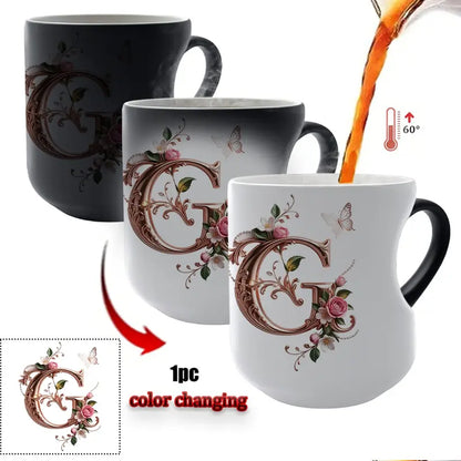 TYII™ Personalized Initial Color-Changing Mug – Heat-Reactive Floral Coffee Cup with Heart Handle, A–Z