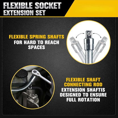 TYIIPRO™ Flexible Socket Extension Bar Set – Bendable Ratchet Wrench Extensions for Tight Spaces, CR-V Steel Automotive Repair Tool Kit