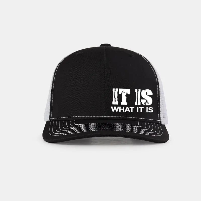 IT IS WHAT IT IS Printed Mesh Trucker Hat - Adjustable, Breathable Baseball Cap for Casual Outdoor Use, Unisex Sun Protection