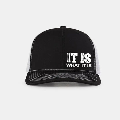 IT IS WHAT IT IS Printed Mesh Trucker Hat - Adjustable, Breathable Baseball Cap for Casual Outdoor Use, Unisex Sun Protection