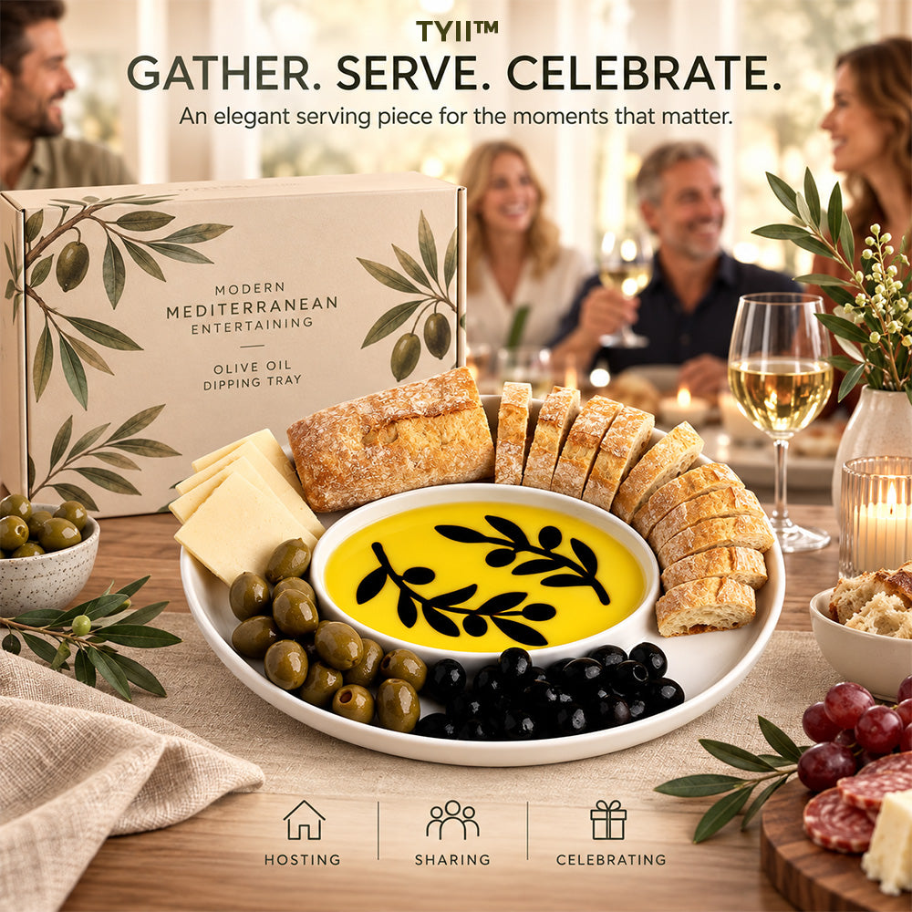 TYII™ Mediterranean Olive Oil & Balsamic Dipping Platter – 14" Porcelain Chip & Dip Serving Tray