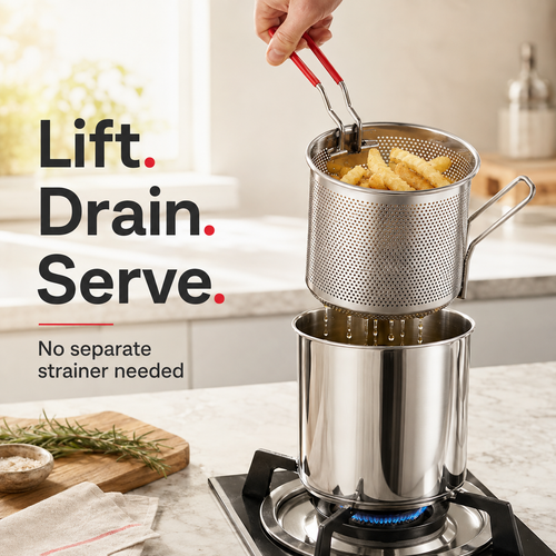 2026🍟 Personal Mini Deep Fryer Set – 304 Stainless Steel Pot with Lift-Out Draining Basket & Food Tongs