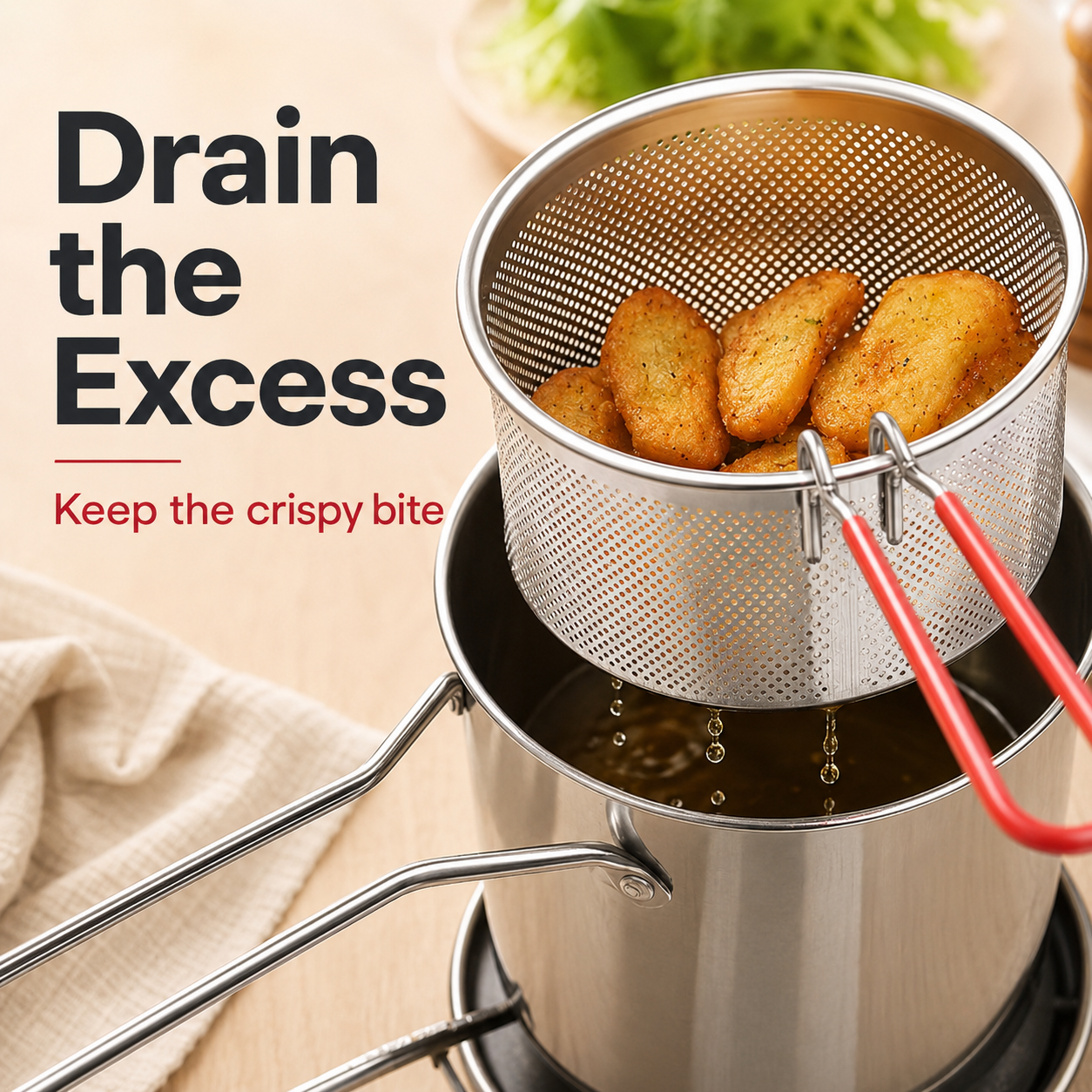 2026🍟 Personal Mini Deep Fryer Set – 304 Stainless Steel Pot with Lift-Out Draining Basket & Food Tongs