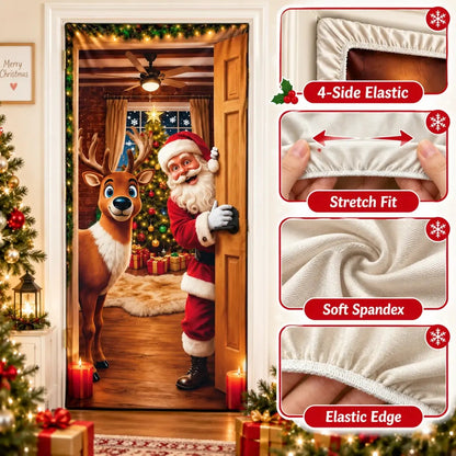 Santa Christmas Door Cover with Elastic Edges | Reusable Holiday Decor