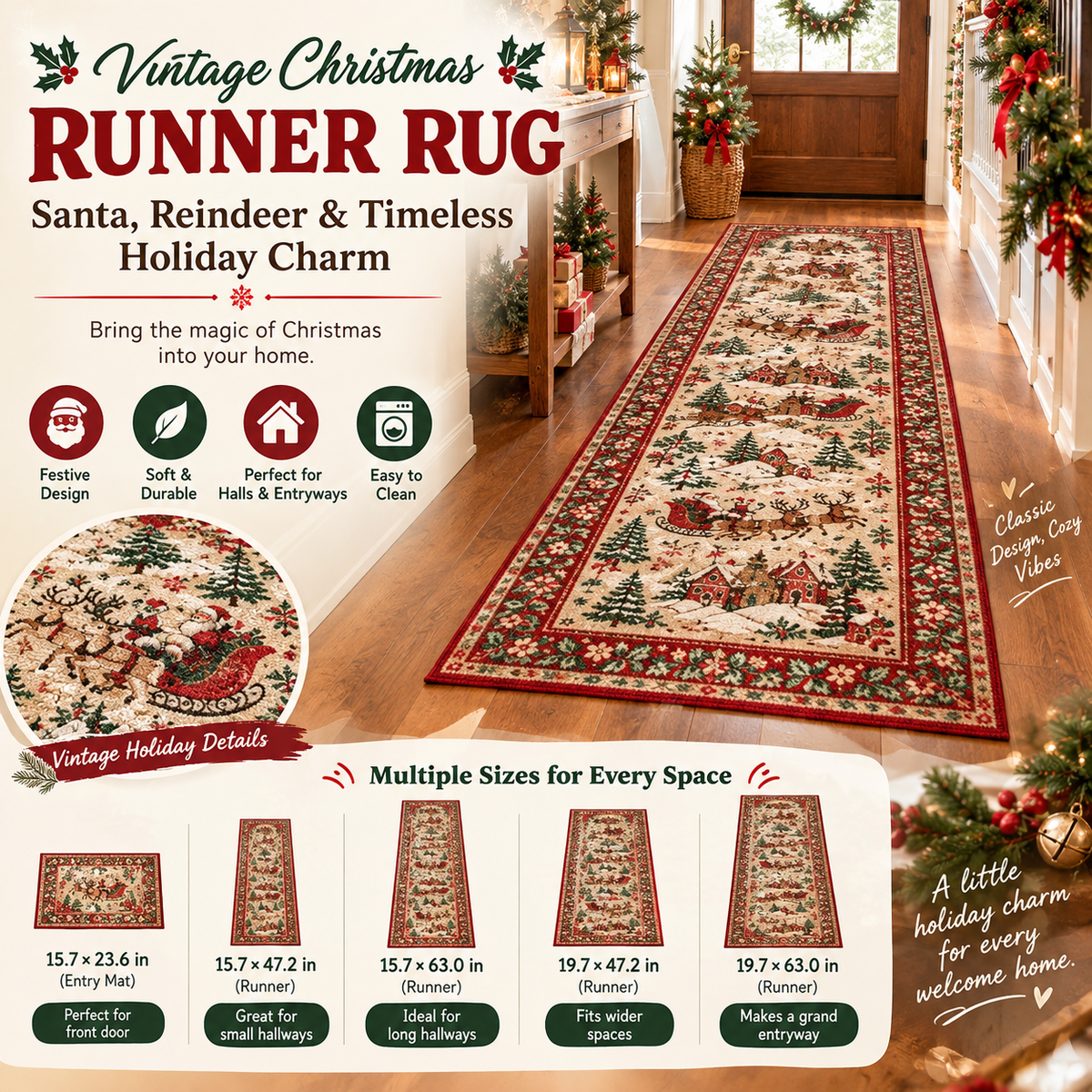 🎄Vintage Christmas Runner Rug – Santa, Reindeer & Timeless Holiday Charm