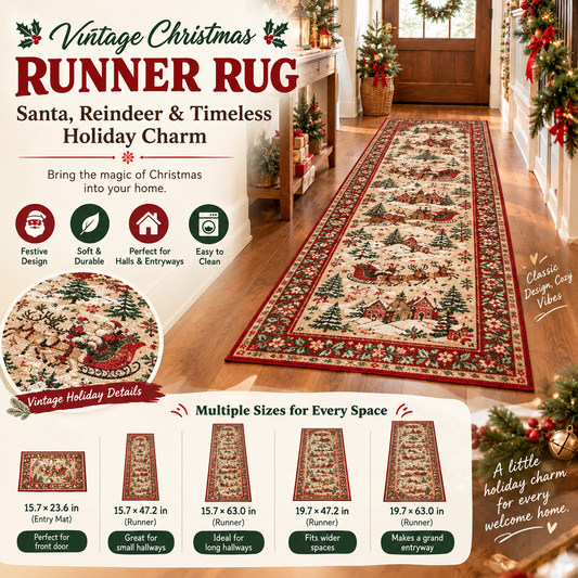 🎄Vintage Christmas Runner Rug – Santa, Reindeer & Timeless Holiday Charm