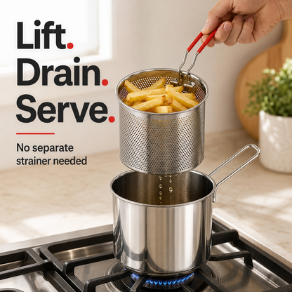 2026🍟 Personal Mini Deep Fryer Set – 304 Stainless Steel Pot with Lift-Out Draining Basket & Food Tongs
