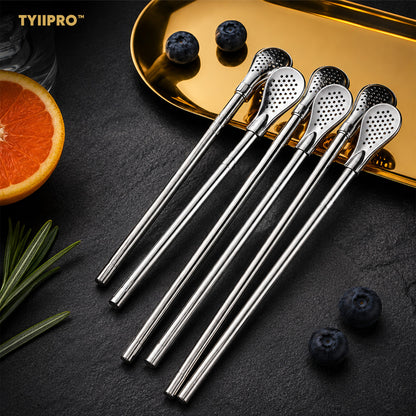 TYIIPRO™ 2-in-1 Stainless Steel Straw & Spoon – Reusable Drinking Straw with Stirring Spoon, Filter & Cleaning Brush