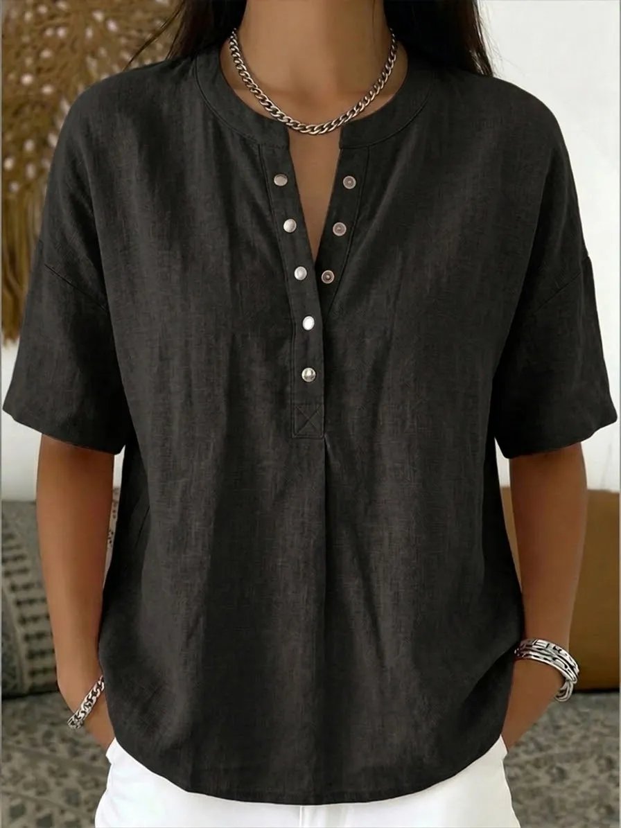 Women's Casual Henley Collar Linen & Cotton Short-Sleeve Shirt