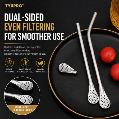 TYIIPRO™ 2-in-1 Stainless Steel Straw & Spoon – Reusable Drinking Straw with Stirring Spoon, Filter & Cleaning Brush