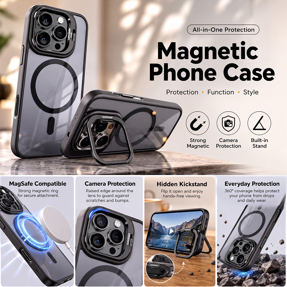 TYIIPRO™ Magnetic Phone Case with Camera Protection & Built-In Stand