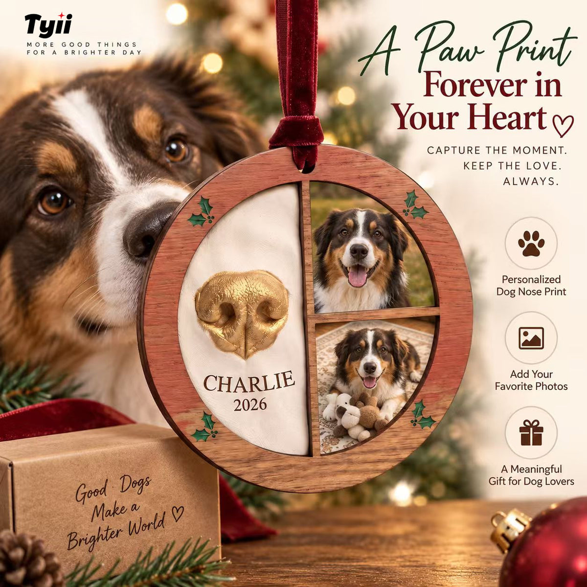 TYII™ Personalized Dog Nose Print Keepsake Ornament – Custom Pet Photo Memorial Christmas Ornament for Dog Lovers