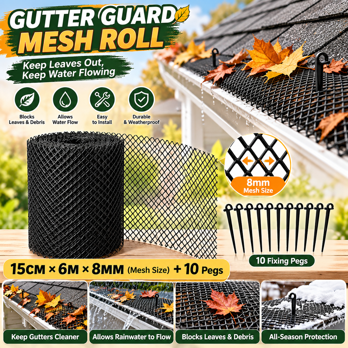 Gutter Guard Mesh Roll – Leaf Filter Net with Fixing Pegs