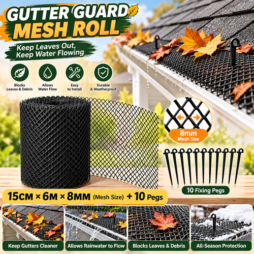 Gutter Guard Mesh Roll – Leaf Filter Net with Fixing Pegs