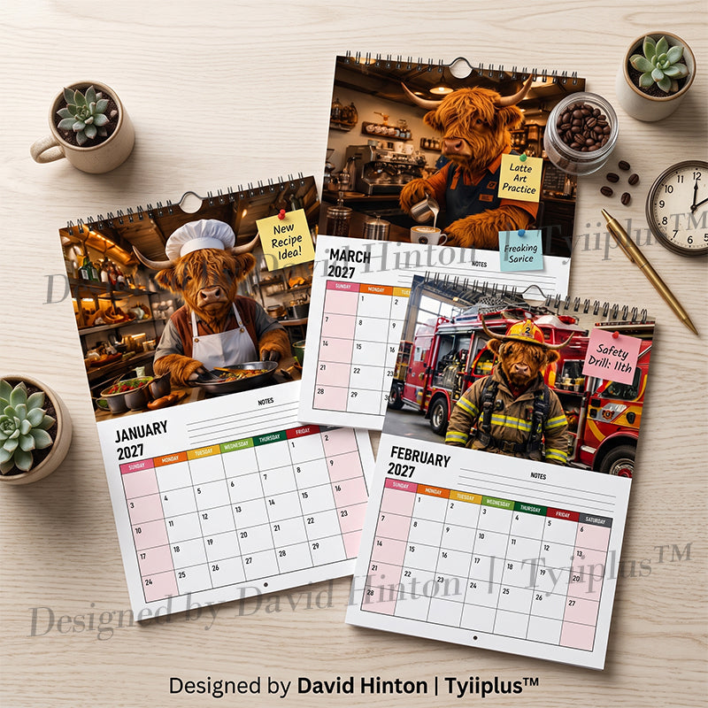 2027 Funny Highland Cow Wall Calendar | A4 Hanging Calendar | Designed by Isabel Kline