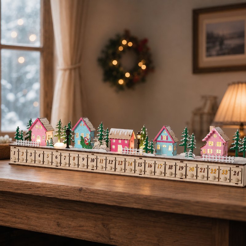 TYIIPRO™ Home Reflections Christmas Village Advent Calendar – DIY Wooden Countdown Decoration with LED Lights, Music & 24 Gift Drawers