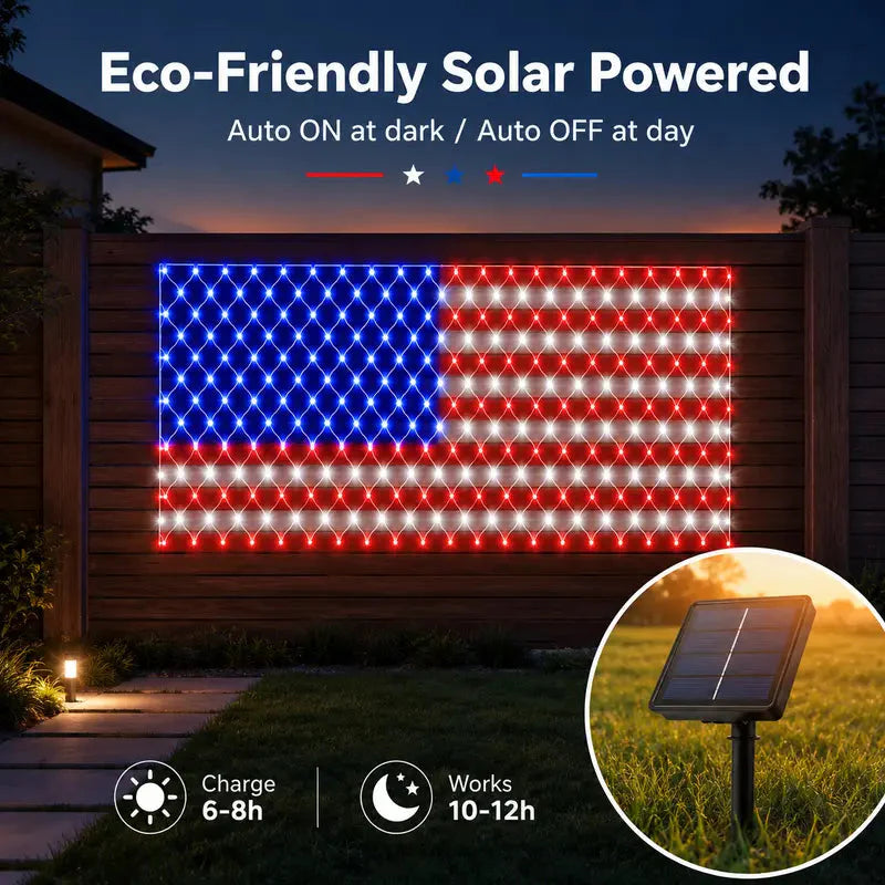 Solar American Flag Net Lights – Waterproof Outdoor LED Patriotic Decorations for 4th of July & Memorial Day