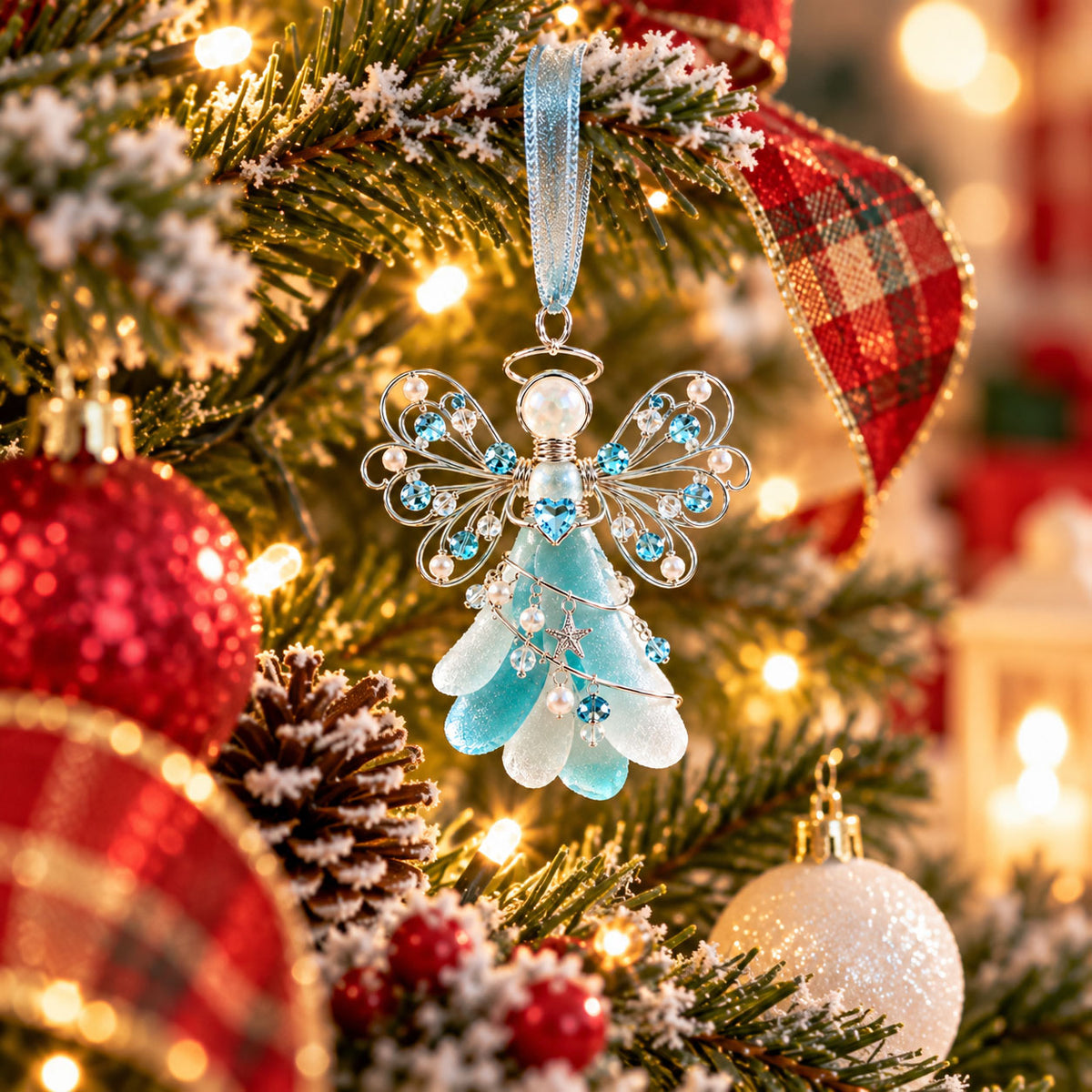 TYII™ Guardian Angel Sea Glass Ornament – Ocean Blue Crystal Angel Christmas Tree Decoration, Meaningful Keepsake Gift