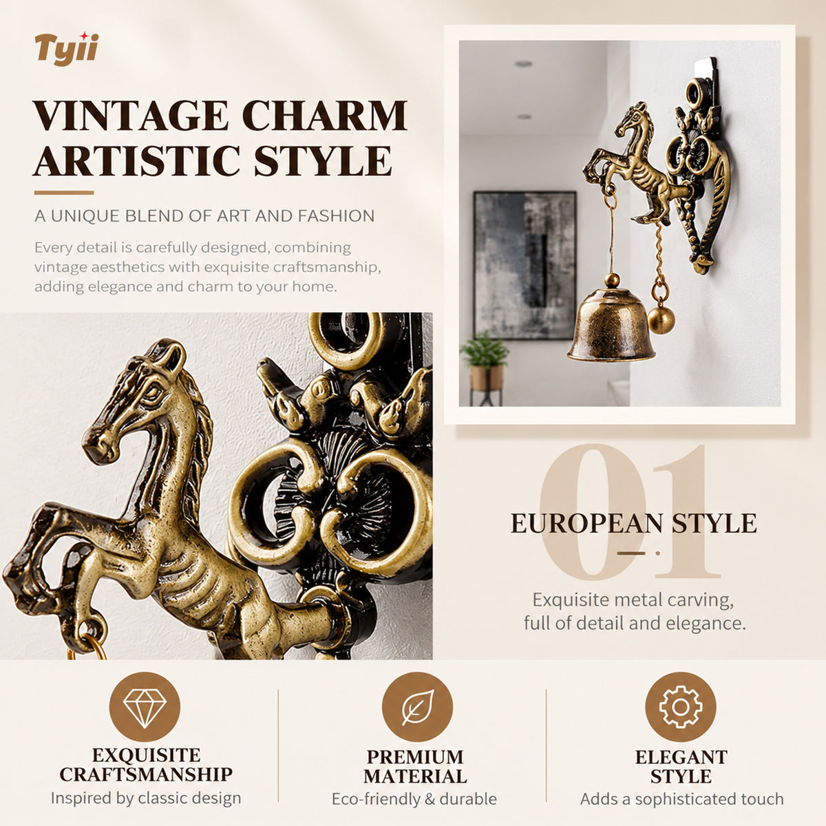 Vintage Animal Door Bell – Antique Bronze Hanging Bell, Decorative Door Chime for Home, Unique Housewarming Gift | TYII™