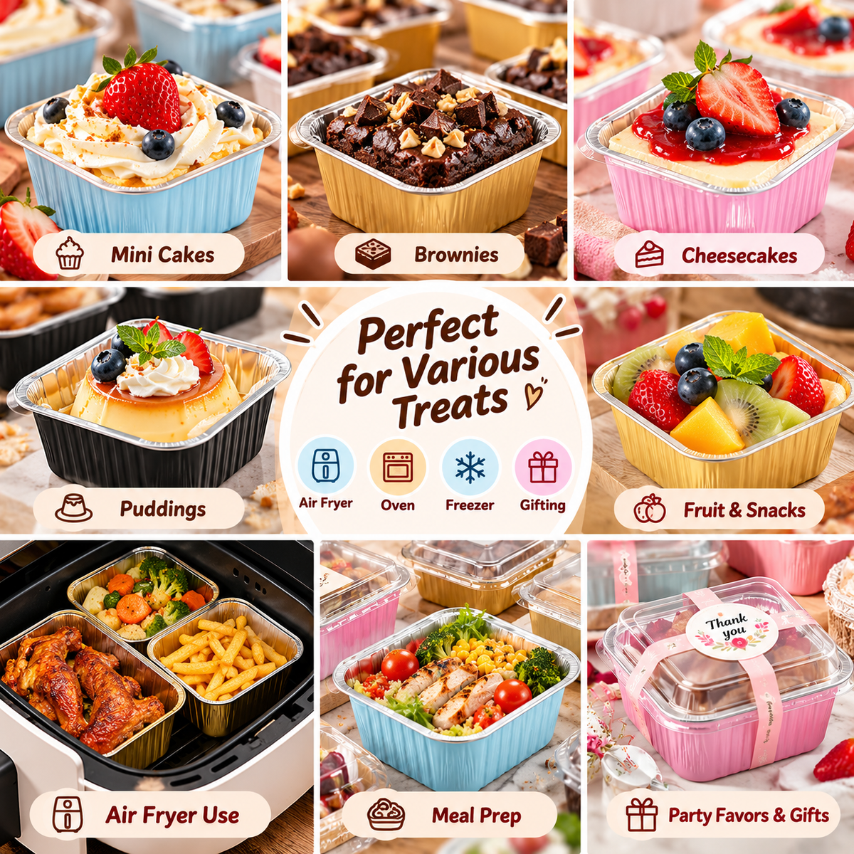 🧁5oz Mini Aluminum Foil Cake Pans with Lids, Forks & Stickers
