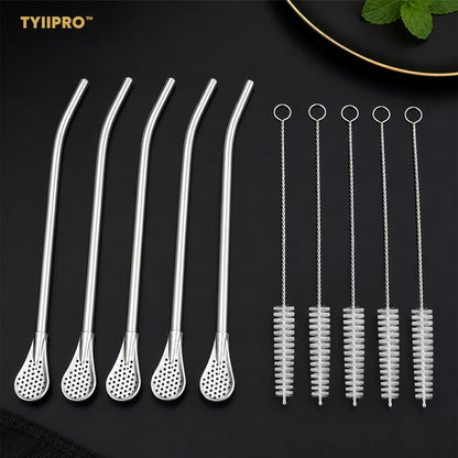 TYIIPRO™ 2-in-1 Stainless Steel Straw & Spoon – Reusable Drinking Straw with Stirring Spoon, Filter & Cleaning Brush