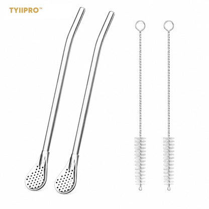 TYIIPRO™ 2-in-1 Stainless Steel Straw & Spoon – Reusable Drinking Straw with Stirring Spoon, Filter & Cleaning Brush
