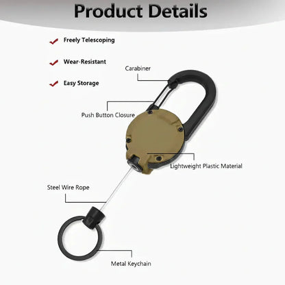 Heavy-Duty Retractable Carabiner Keychain – 25in Steel Lanyard, 100K Pull Cycles