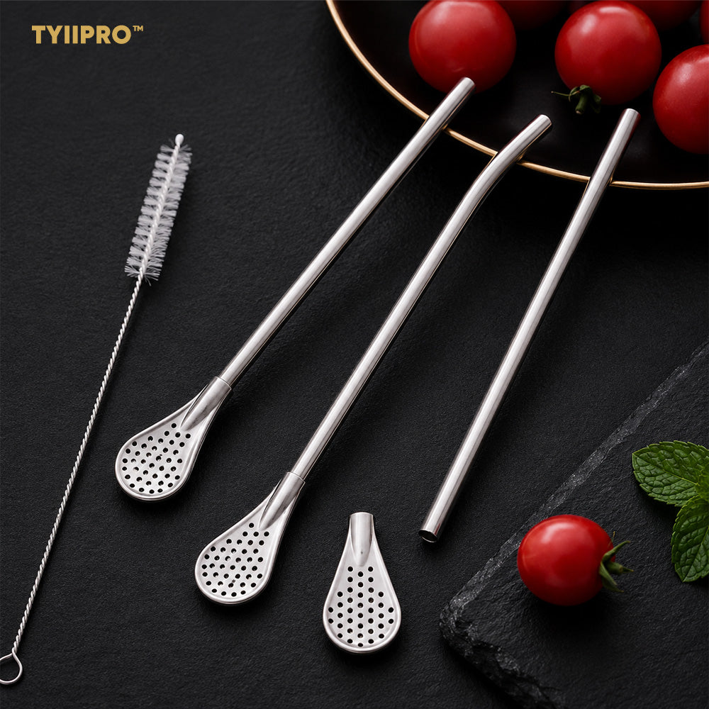 TYIIPRO™ 2-in-1 Stainless Steel Straw & Spoon – Reusable Drinking Straw with Stirring Spoon, Filter & Cleaning Brush