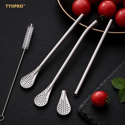 TYIIPRO™ 2-in-1 Stainless Steel Straw & Spoon – Reusable Drinking Straw with Stirring Spoon, Filter & Cleaning Brush