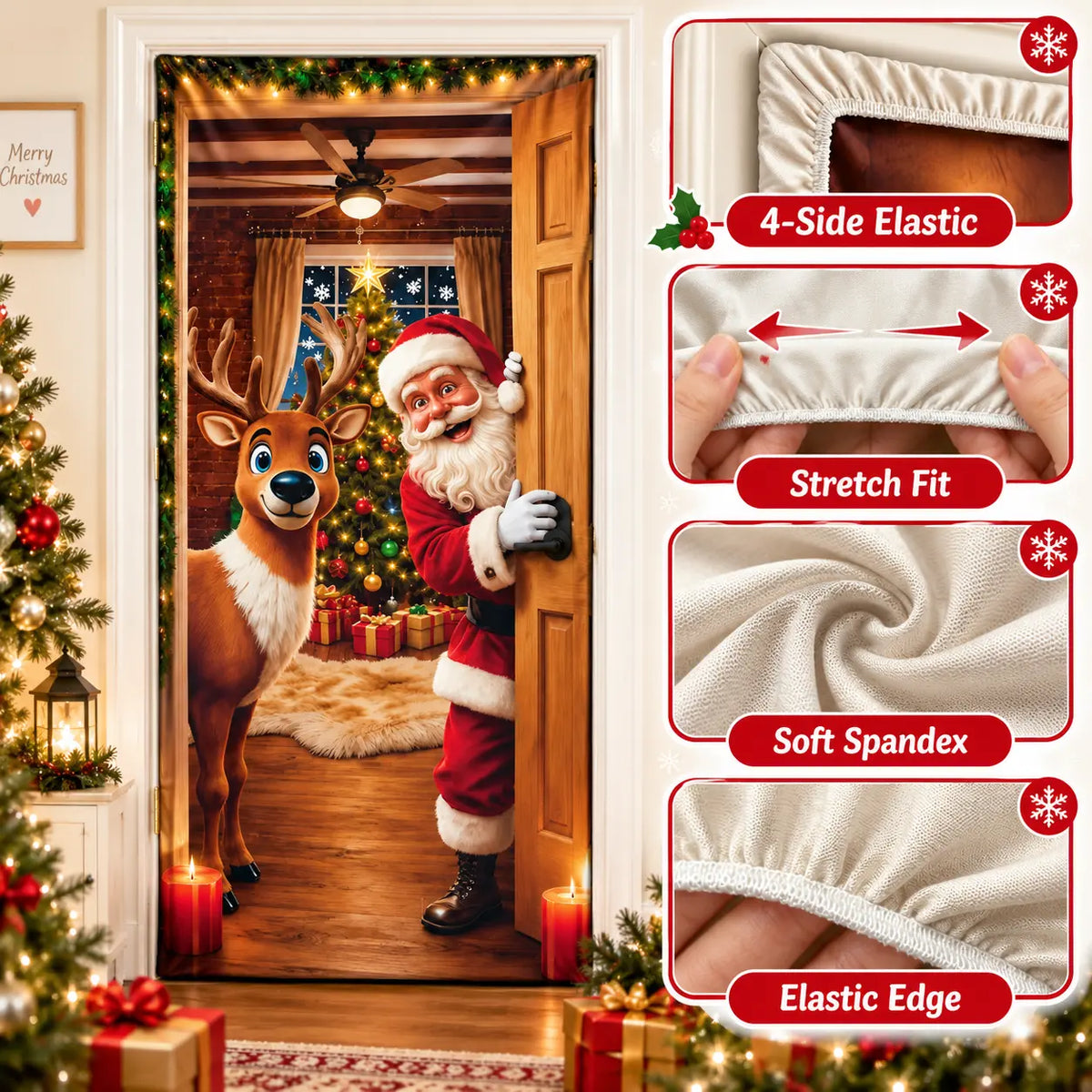 Christmas Door Cover – Stretchable Santa & Reindeer Door Decoration