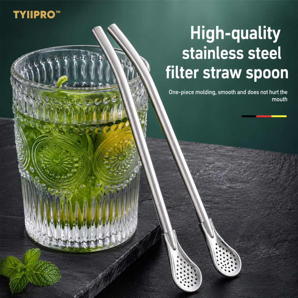 TYIIPRO™ 2-in-1 Stainless Steel Straw & Spoon – Reusable Drinking Straw with Stirring Spoon, Filter & Cleaning Brush