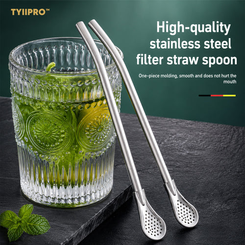 TYIIPRO™ 2-in-1 Stainless Steel Straw & Spoon – Reusable Drinking Straw with Stirring Spoon, Filter & Cleaning Brush