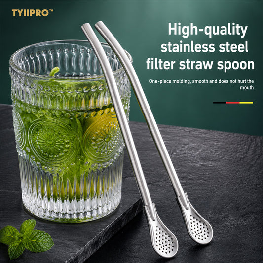 TYIIPRO™ 2-in-1 Stainless Steel Straw & Spoon – Reusable Drinking Straw with Stirring Spoon, Filter & Cleaning Brush