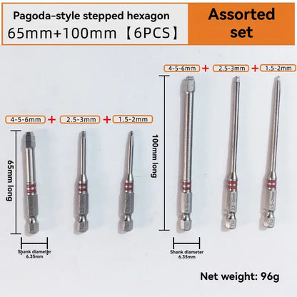 TYIIPRO™ 6PCS S2 Alloy Steel Magnetic Screwdriver Bits Set – Pagoda Hex Shank Drill Bit Set