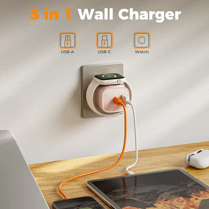 3-in-1 Wall Charger with Built-In Magnetic Watch Charger – 23W USB-C & USB-A Ports, US Plug