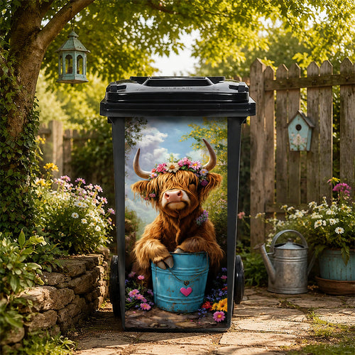 🐮 Highland Cow Floral Trash Can Sticker