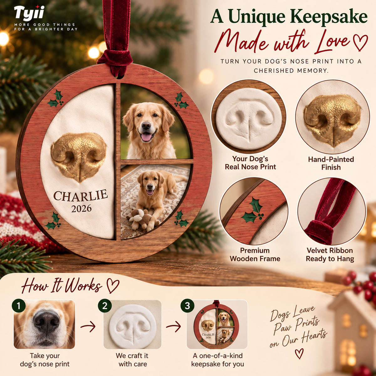 TYII™ Personalized Dog Nose Print Keepsake Ornament – Custom Pet Photo Memorial Christmas Ornament for Dog Lovers